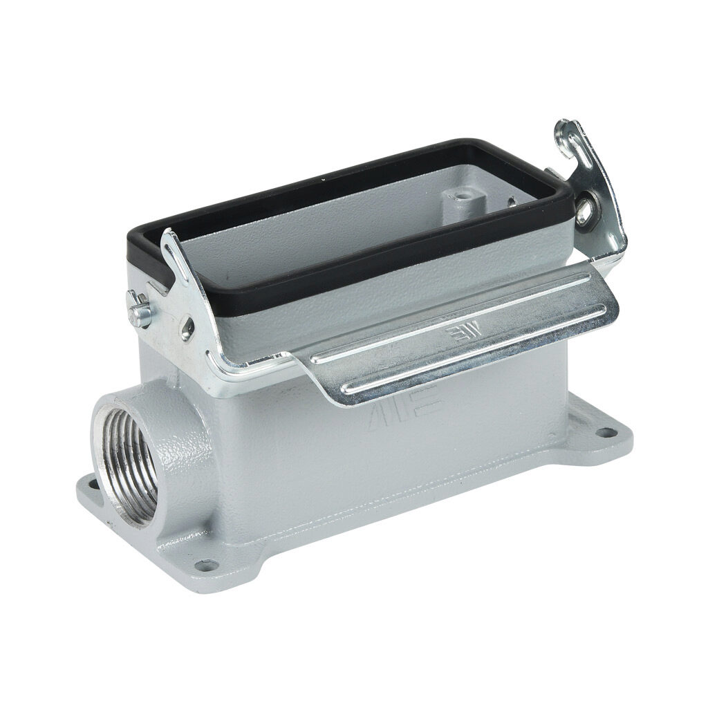 293612905S - METE surface mount housing, single lever, side entry, connector housing size 16B, (1) 3/4 NPT threaded hole, gray, heavy-duty die cast aluminum. For use with METE size 16B 2-peg connector housings.