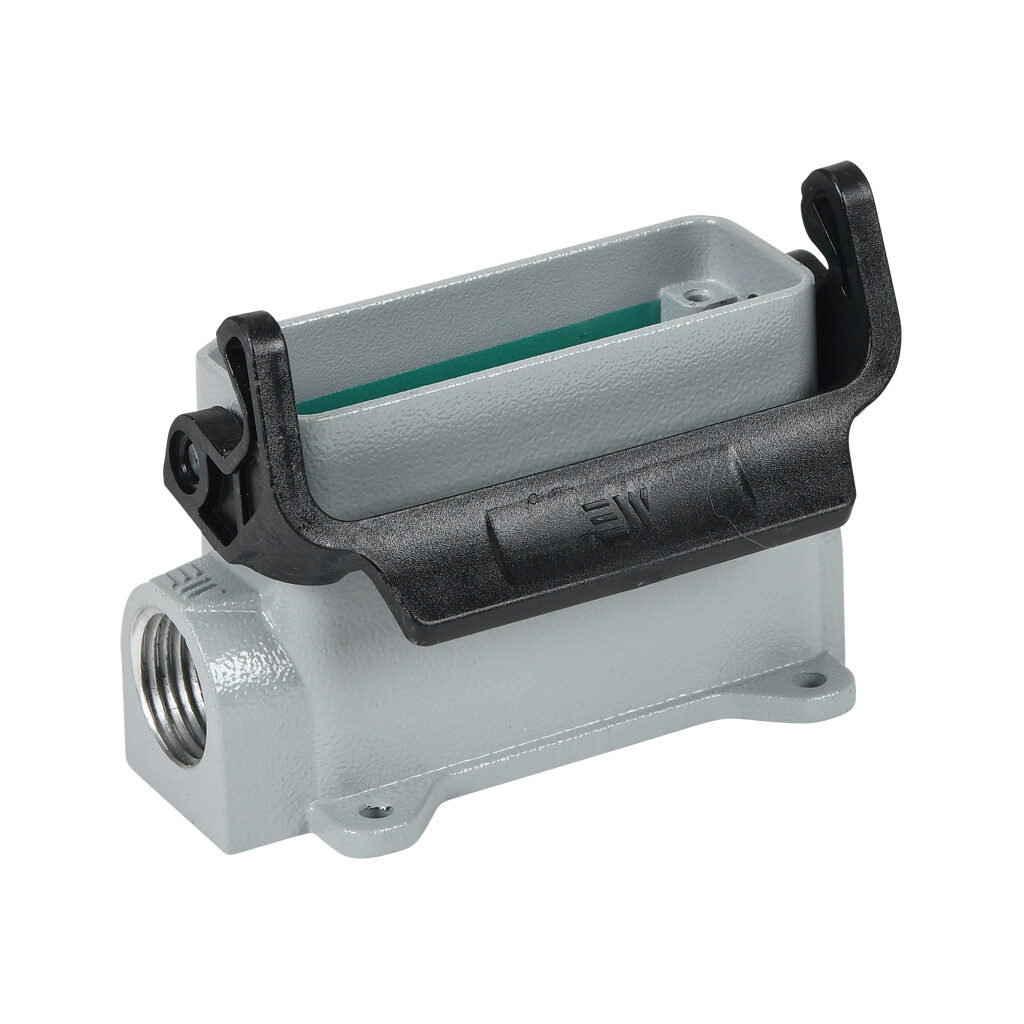 2936223005 - METE surface mount housing, single lever, side entry, connector housing size 16A, (1) 1/2 NPT threaded hole, gray, heavy-duty die cast aluminum. For use with METE size 16A 2-peg connector housings.