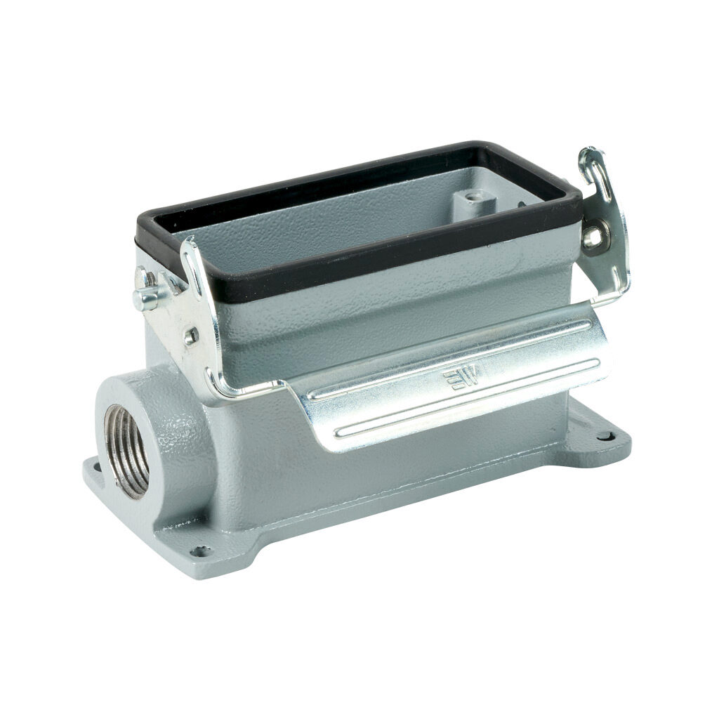 293623005S - METE surface mount housing, single lever, side entry, connector housing size 16B, (2) 1/2 NPT threaded hole, gray, heavy-duty die cast aluminum. For use with METE size 16B 2-peg connector housings.