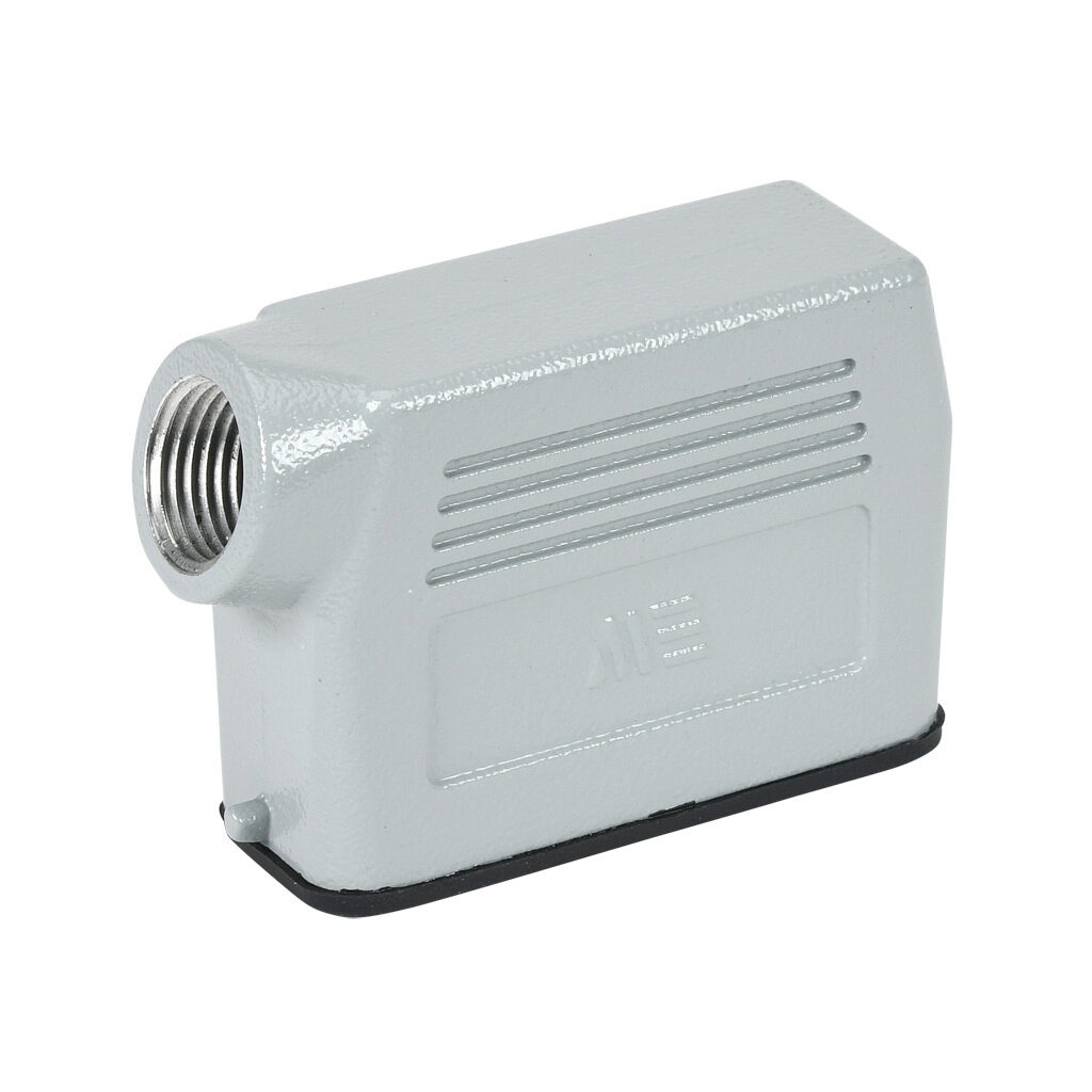 2936323005 - METE hood housing, 2-peg, side entry, connector housing size 16A, (1) 1/2 NPT threaded hole, gray, heavy-duty die cast aluminum. For use with METE size 16A single lever connector housings.
