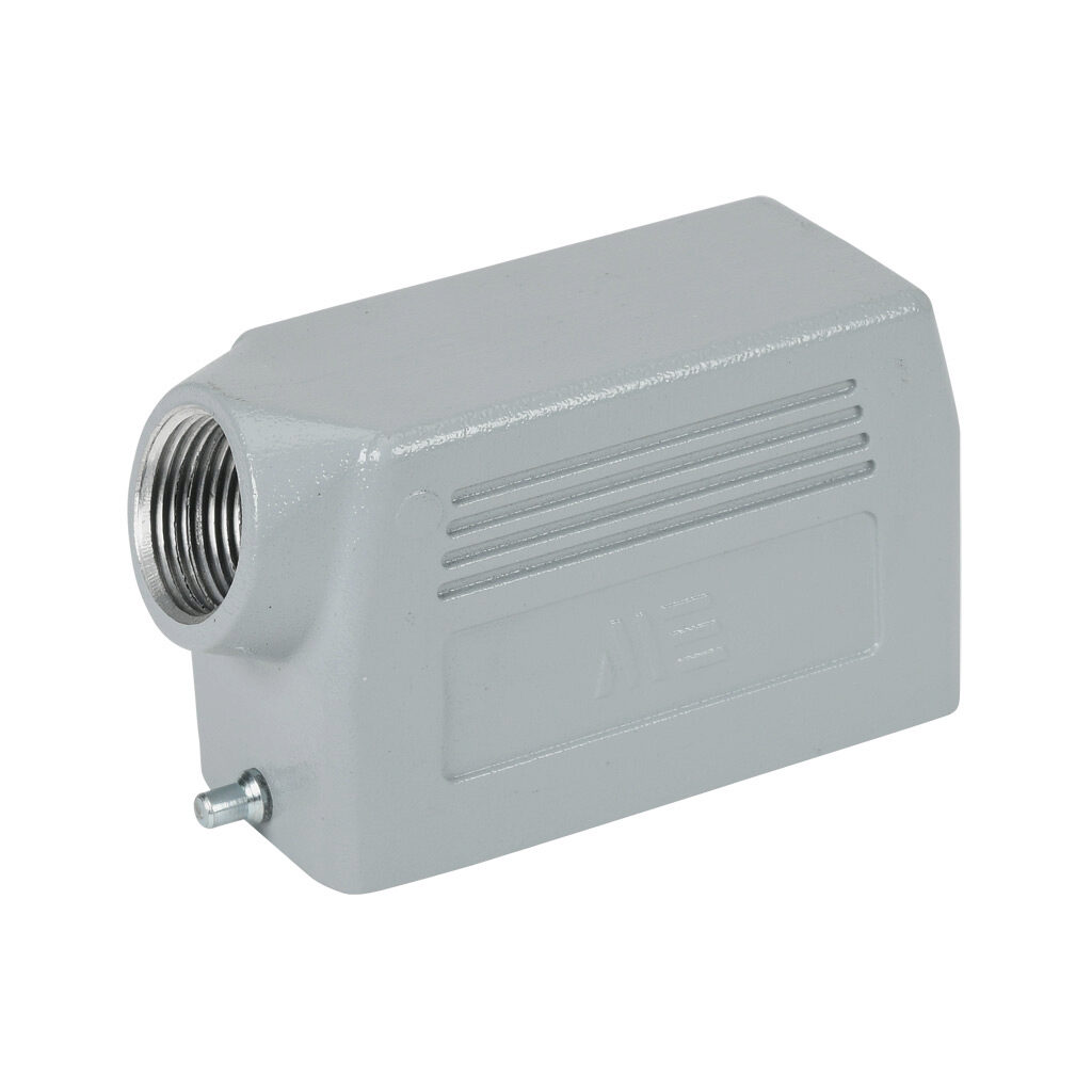 293632905 - METE hood housing, 2-peg, side entry, connector housing size 16B, (1) 3/4 NPT threaded hole, gray, heavy-duty die cast aluminum. For use with METE size 16B single lever connector housings.
