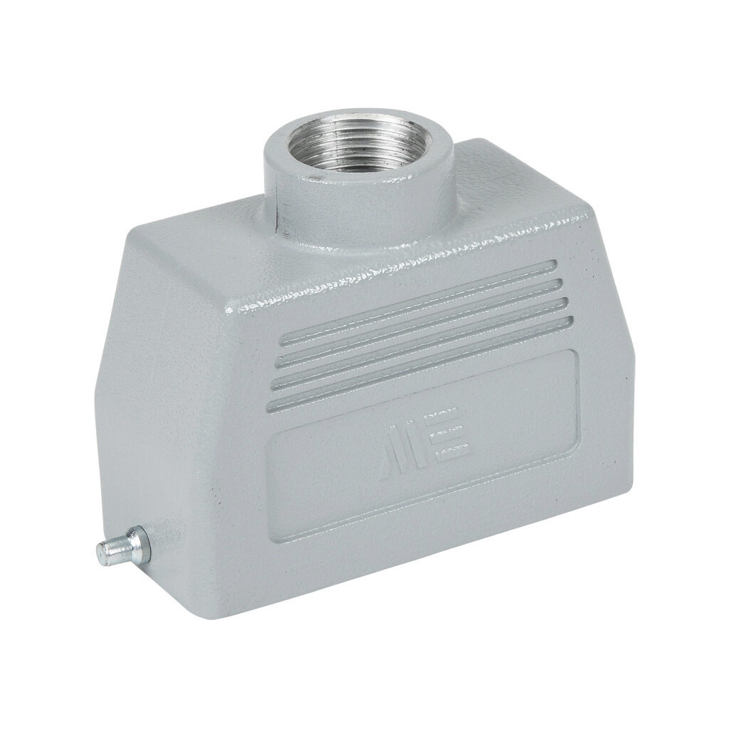 293642905 - METE hood housing, 2-peg, top entry, connector housing size 16B, (1) 3/4 NPT threaded hole, gray, heavy-duty die cast aluminum. For use with METE size 16B single lever connector housings.