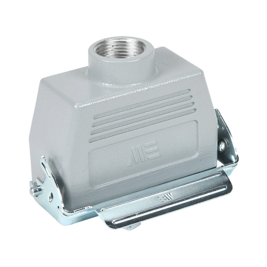 293662905S - METE coupler housing, single lever, top entry, connector housing size 16B, (1) 3/4 NPT threaded hole, gray, heavy-duty die cast aluminum. For use with METE size 16B 2-peg connector housings.