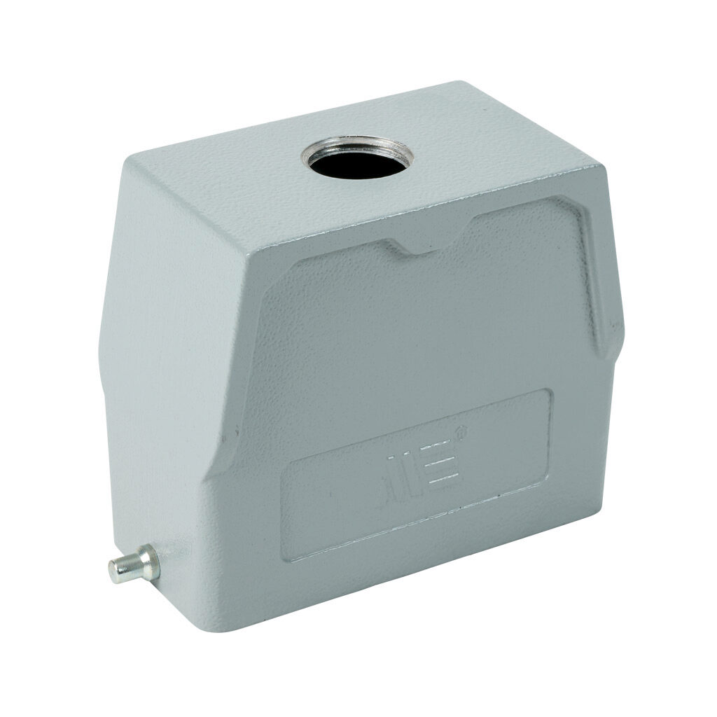 2936703005 - METE hood housing, 2-peg, top entry, connector housing size 16B, (1) 1/2 NPT threaded hole, high construction, gray, heavy-duty die cast aluminum. For use with METE size 16B single lever connector housings.