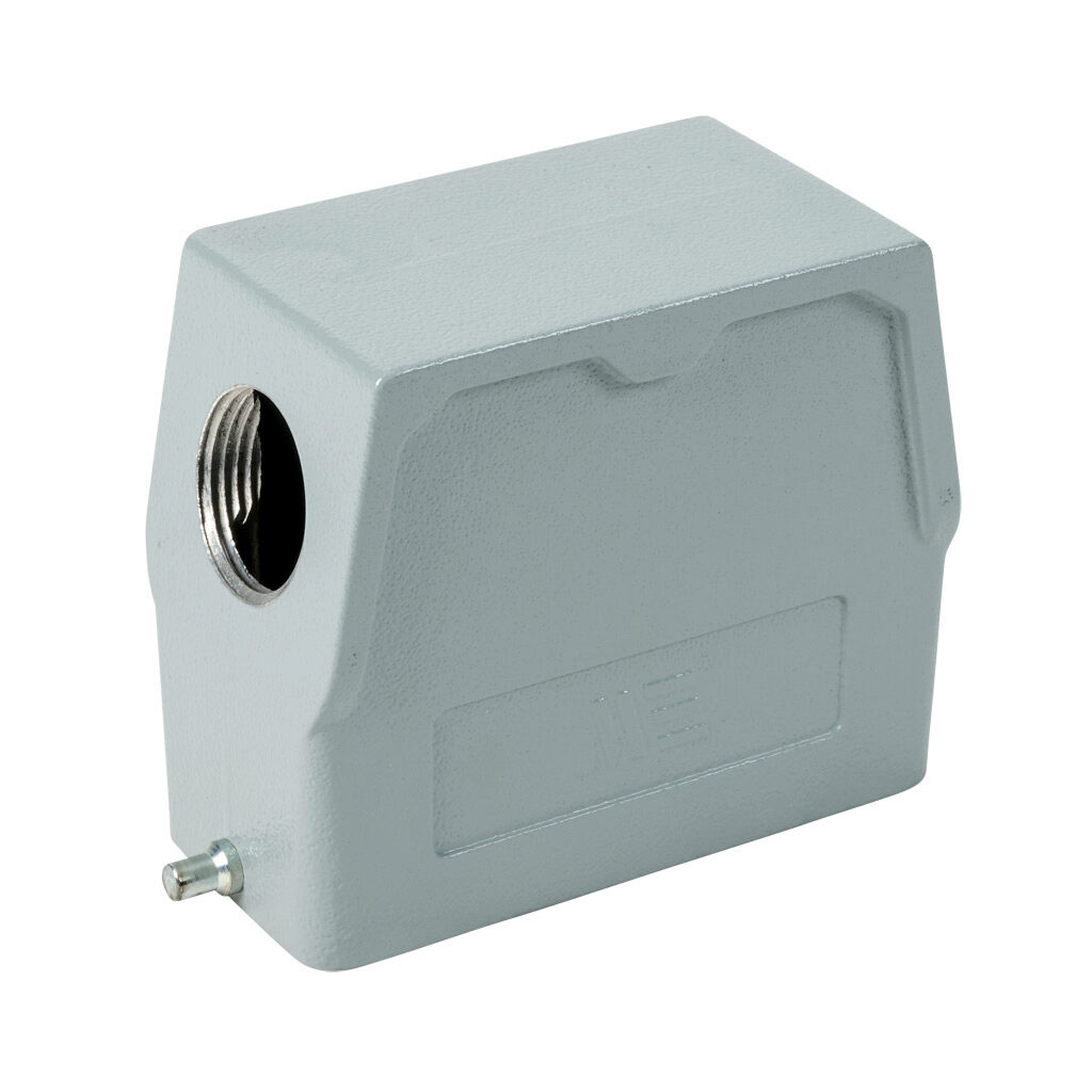 2936722905 - METE hood housing, 2-peg, side entry, connector housing size 16B, (1) 3/4 NPT threaded hole, high construction, gray, heavy-duty die cast aluminum. For use with METE size 16B single lever connector housings.