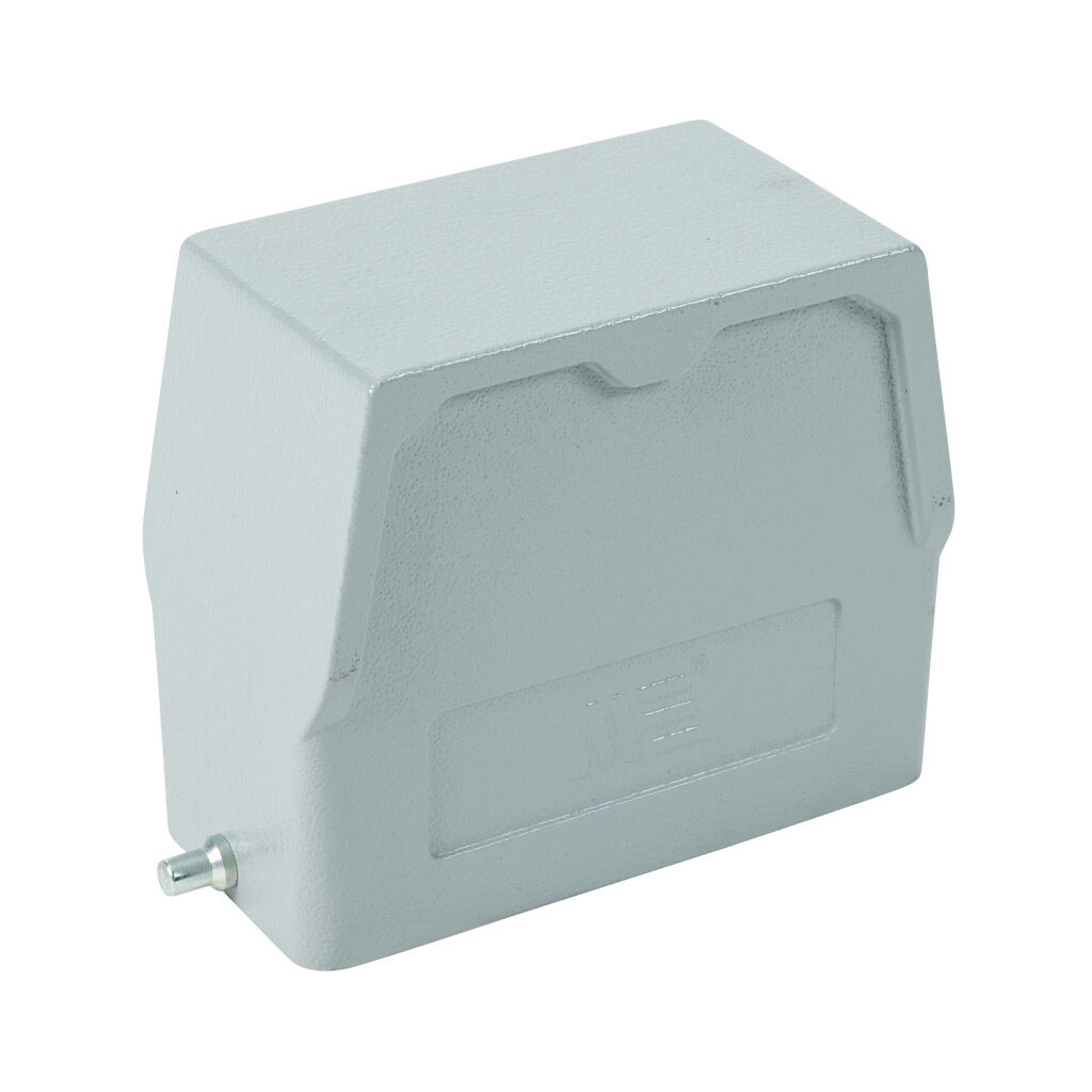 2936723005 - METE hood housing, 2-peg, side entry, connector housing size 16B, (1) 1/2 NPT threaded hole, high construction, gray, heavy-duty die cast aluminum. For use with METE size 16B single lever connector housings.