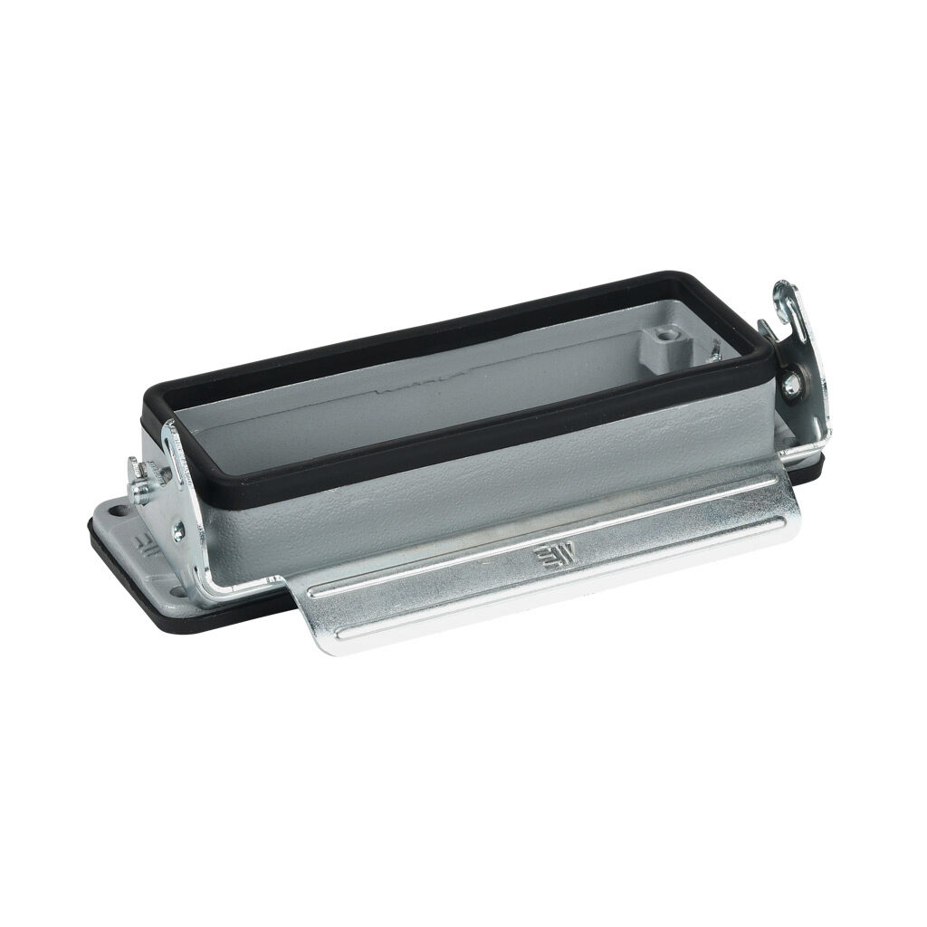 29370S - METE bulkhead housing, single lever, connector housing size 24B, gray, heavy-duty die cast aluminum. For use with METE size 24B 2-peg connector housings.