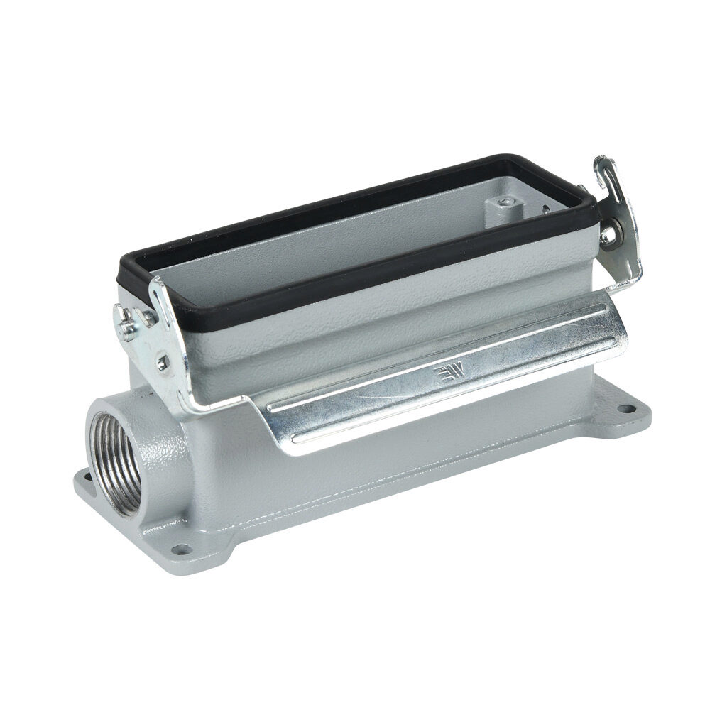 293712905S - METE surface mount housing, single lever, side entry, connector housing size 24B, (1) 3/4 NPT threaded hole, gray, heavy-duty die cast aluminum. For use with METE size 24B 2-peg connector housings.