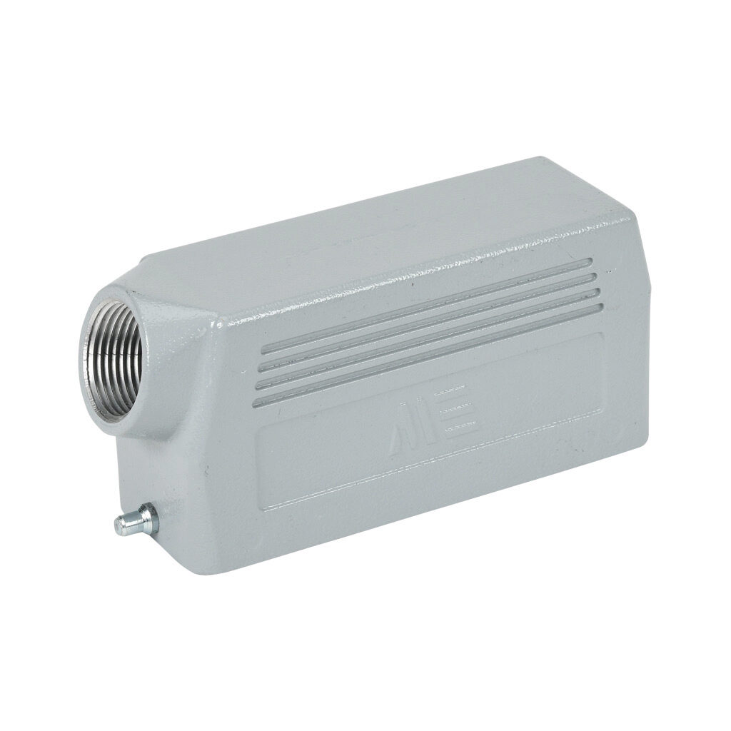 293732905 - METE hood housing, 2-peg, side entry, connector housing size 24B, (1) 3/4 NPT threaded hole, gray, heavy-duty die cast aluminum. For use with METE size 24B single lever connector housings.