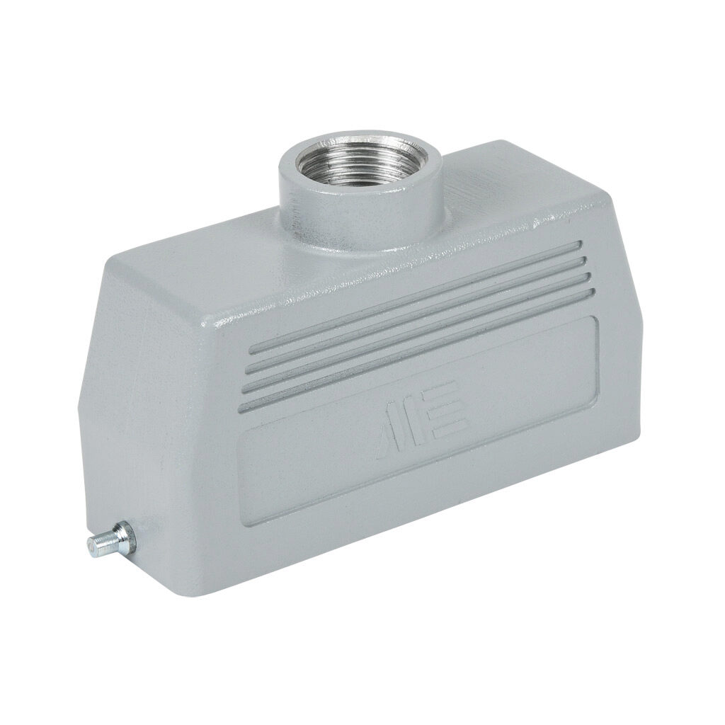 293742905 - METE hood housing, 2-peg, top entry, connector housing size 24B, (1) 3/4 NPT threaded hole, gray, heavy-duty die cast aluminum. For use with METE size 24B single lever connector housings.