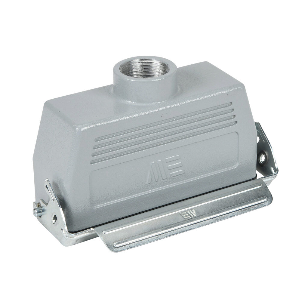 293762905S - METE coupler housing, single lever, top entry, connector housing size 24B, (1) 3/4 NPT threaded hole, gray, heavy-duty die cast aluminum. For use with METE size 24B 2-peg connector housings.