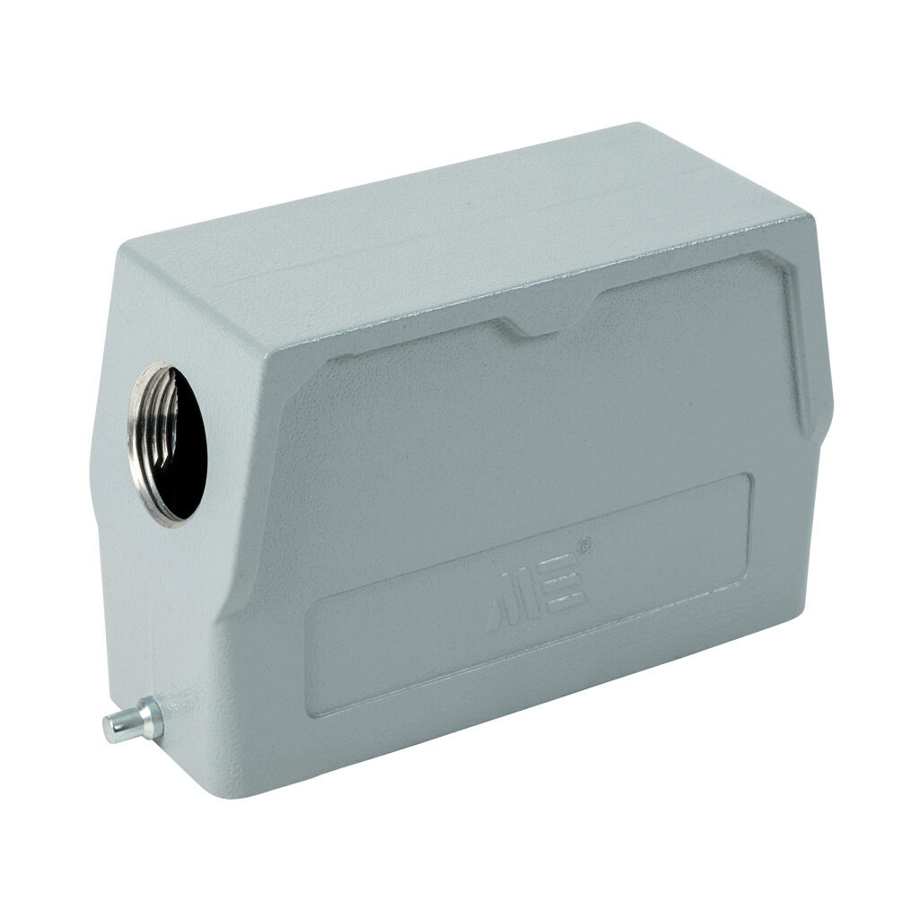 2937722905 - METE hood housing, 2-peg, side entry, connector housing size 24B, (1) 3/4 NPT threaded hole, high construction, gray, heavy-duty die cast aluminum. For use with METE size 24B single lever connector housings.