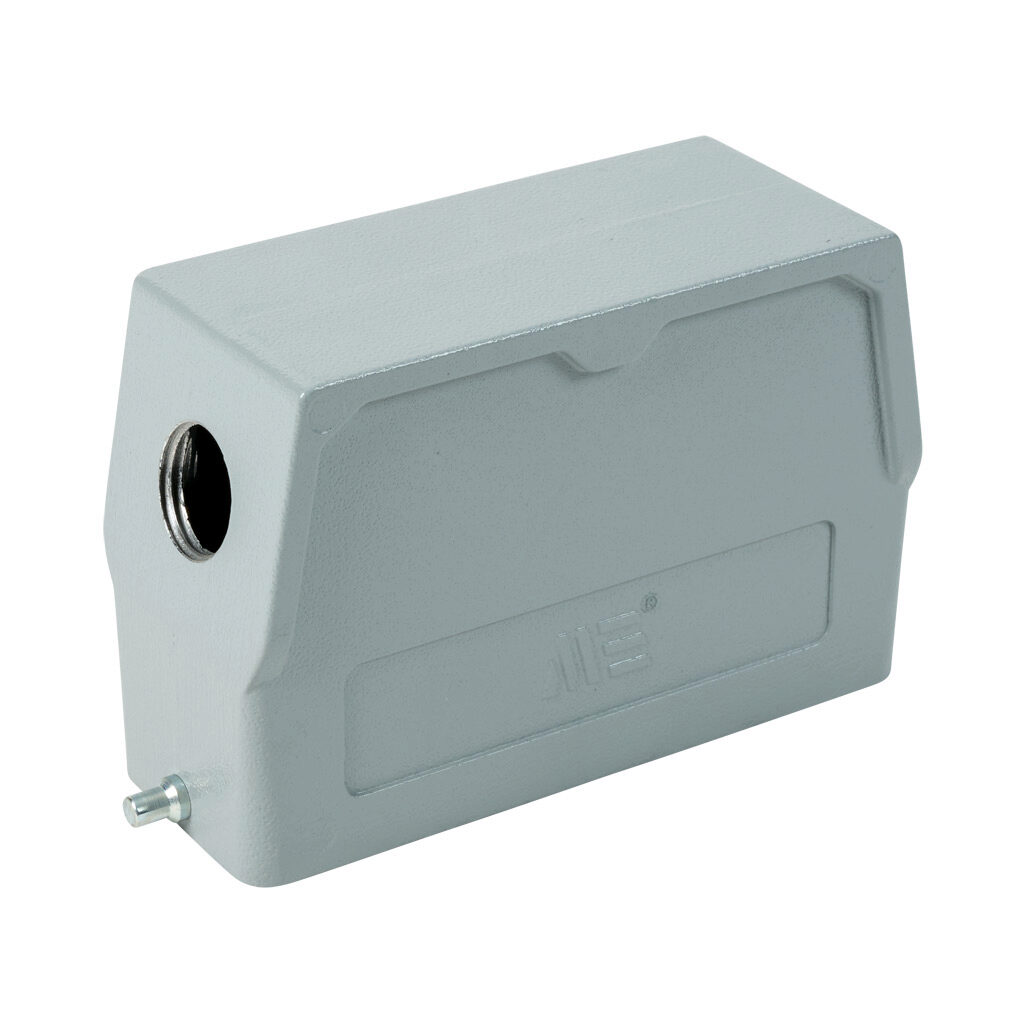 2937723005 - METE hood housing, 2-peg, side entry, connector housing size 24B, (1) 1/2 NPT threaded hole, high construction, gray, heavy-duty die cast aluminum. For use with METE size 24B single lever connector housings.