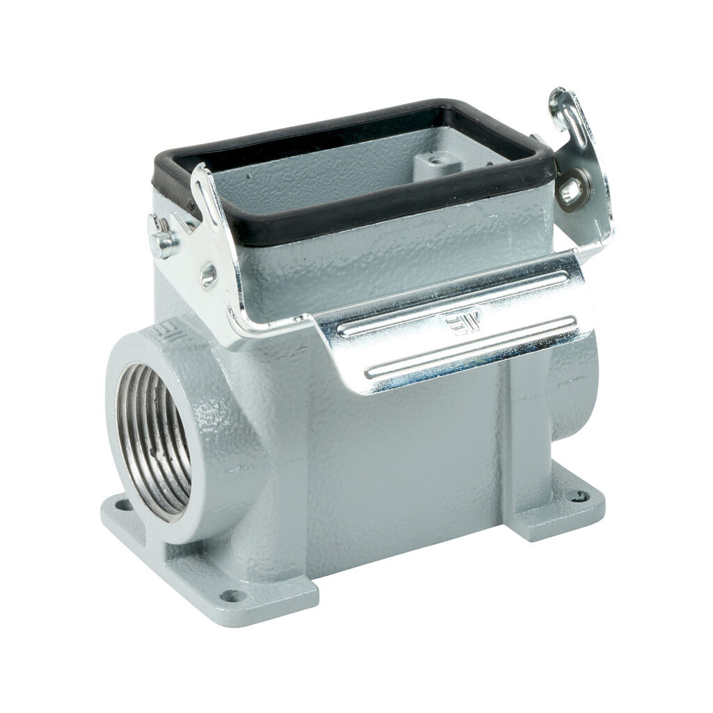 293832805S - METE surface mount housing, single lever, side entry, connector housing size 10B, (2) 1 NPT threaded hole, high construction, gray, heavy-duty die cast aluminum. For use with METE size 10B 2-peg connector housings.