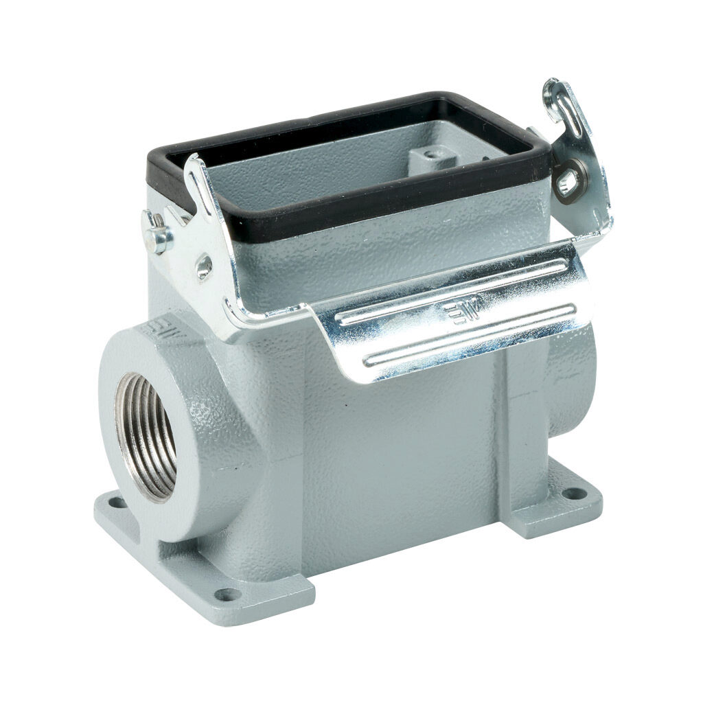 293832905S - METE surface mount housing, single lever, side entry, connector housing size 10B, (2) 3/4 NPT threaded hole, high construction, gray, heavy-duty die cast aluminum. For use with METE size 10B 2-peg connector housings.