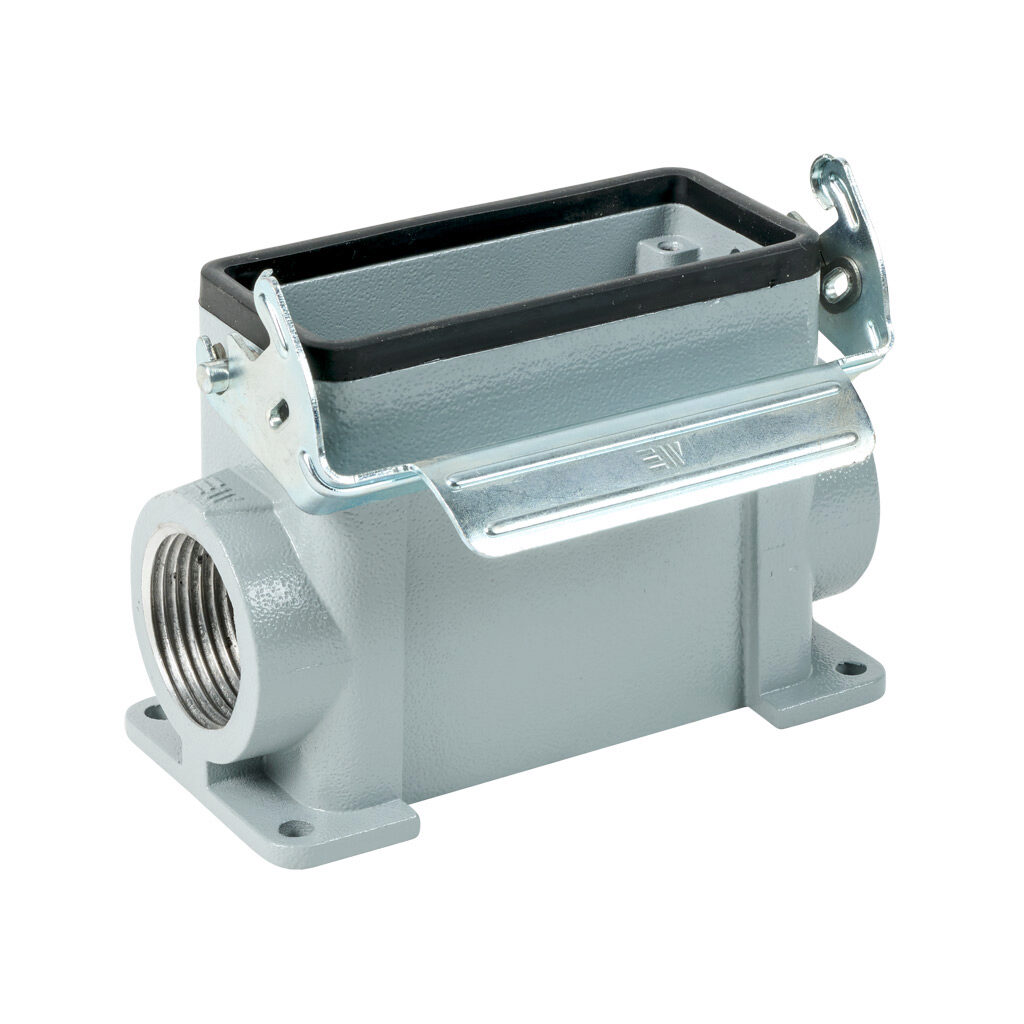 293852805S - METE surface mount housing, single lever, side entry, connector housing size 16B, (2) 1 NPT threaded hole, high construction, gray, heavy-duty die cast aluminum. For use with METE size 16B 2-peg connector housings.