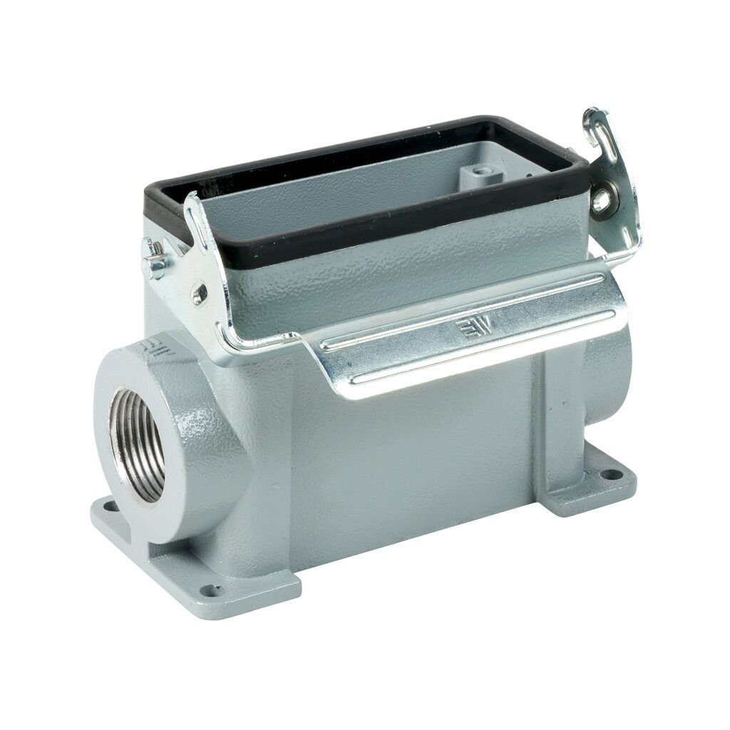 293852905S - METE surface mount housing, single lever, side entry, connector housing size 16B, (2) 3/4 NPT threaded hole, high construction, gray, heavy-duty die cast aluminum. For use with METE size 16B 2-peg connector housings.