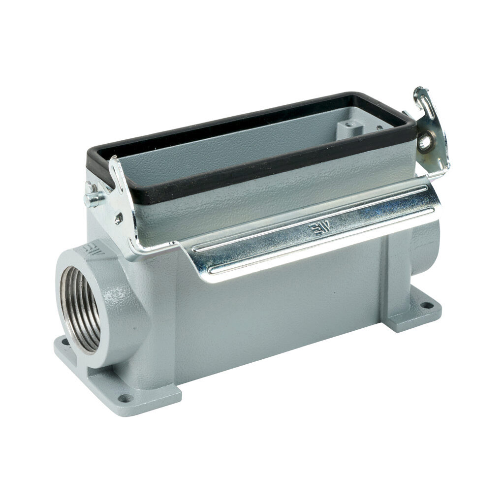 293872805S - METE surface mount housing, single lever, side entry, connector housing size 24B, (2) 1 NPT threaded hole, high construction, gray, heavy-duty die cast aluminum. For use with METE size 24B 2-peg connector housings.