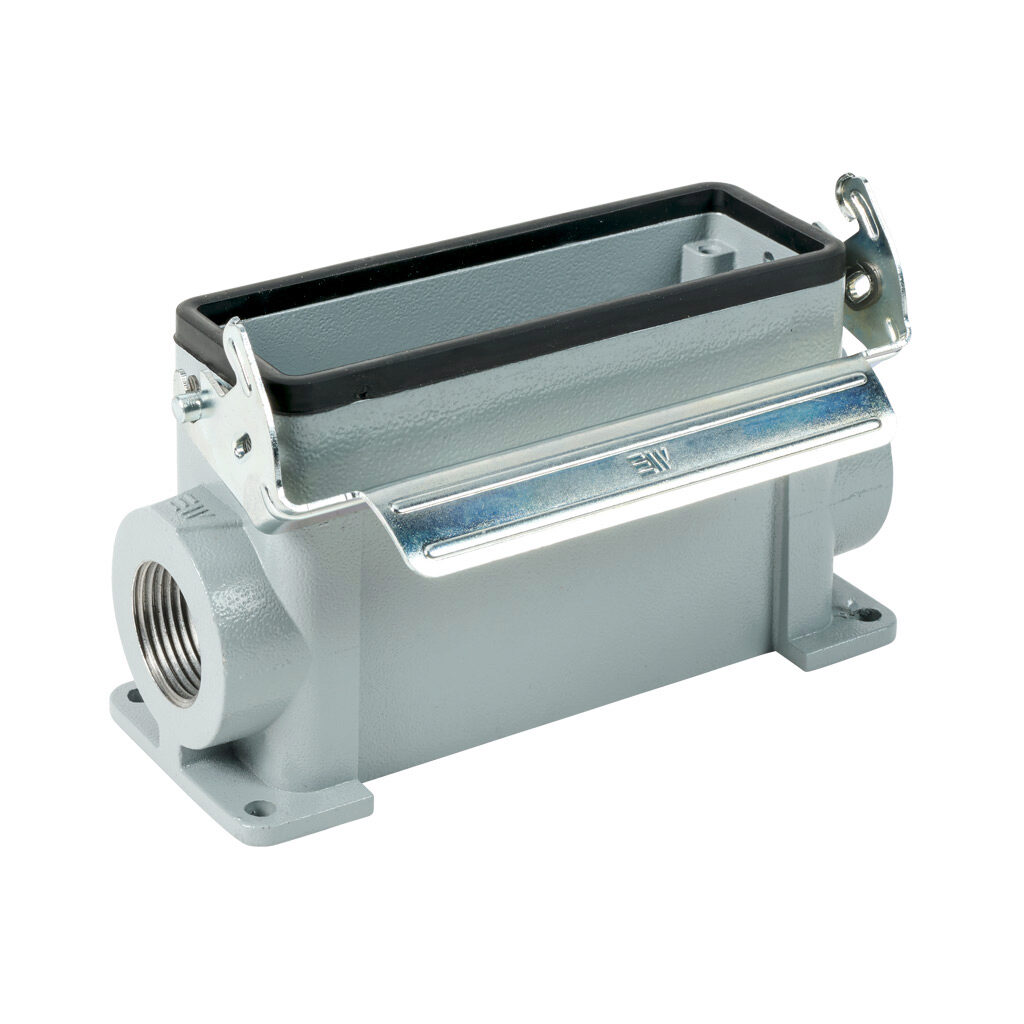 293872905S - METE surface mount housing, single lever, side entry, connector housing size 24B, (2) 3/4 NPT threaded hole, high construction, gray, heavy-duty die cast aluminum. For use with METE size 24B 2-peg connector housings.