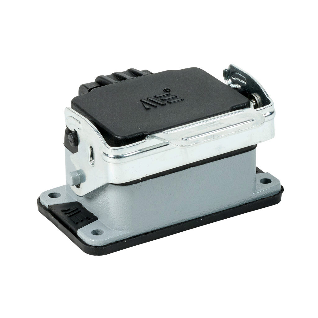 29400S - METE bulkhead housing, single lever, standard cover, connector housing size 6B, gray, heavy-duty die cast aluminum. For use with METE size 6B 2-peg connector housings.