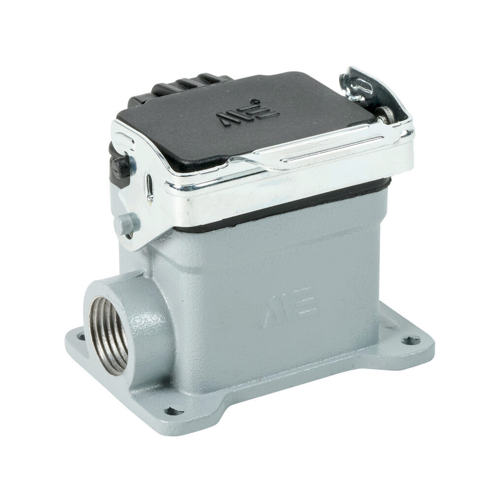 294023005S - METE surface mount housing, single lever, side entry, standard cover, connector housing size 6B, (2) 1/2 NPT threaded hole, gray, heavy-duty die cast aluminum. For use with METE size 6B 2-peg connector housings.