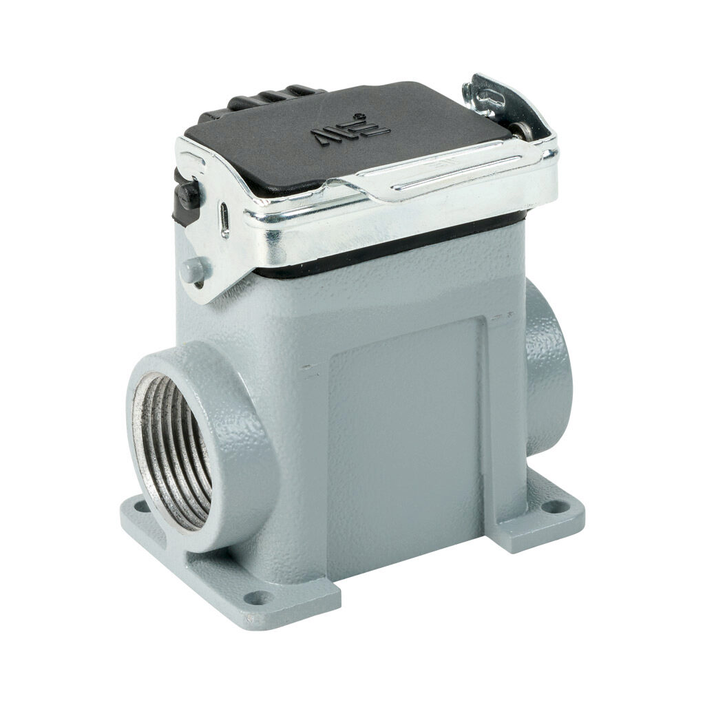 294042805S - METE surface mount housing, single lever, side entry, standard cover, connector housing size 6B, (2) 1 NPT threaded hole, high construction, gray, heavy-duty die cast aluminum. For use with METE size 6B 2-peg connector housings.