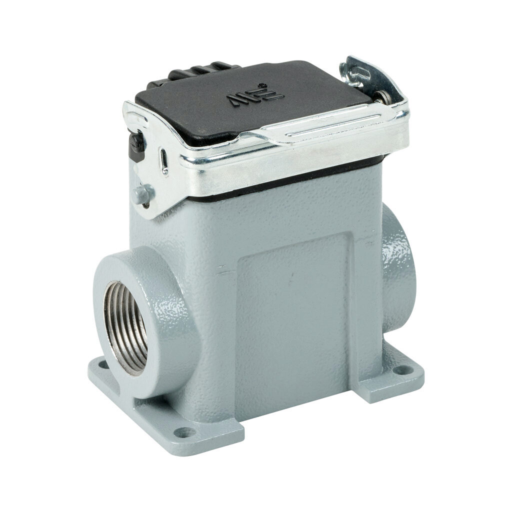 294042905S - METE surface mount housing, single lever, side entry, standard cover, connector housing size 6B, (2) 3/4 NPT threaded hole, high construction, gray, heavy-duty die cast aluminum. For use with METE size 6B 2-peg connector housings.