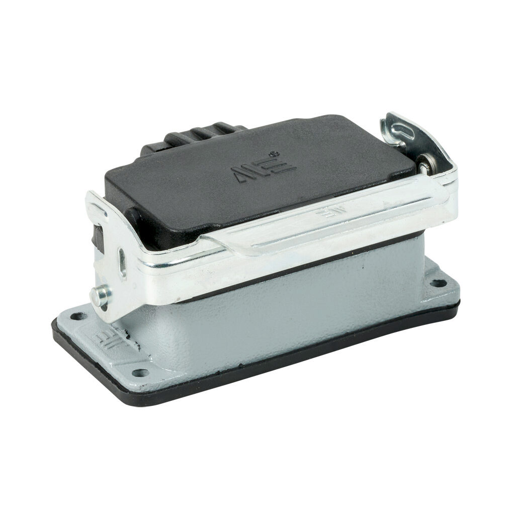29405S - METE bulkhead housing, single lever, standard cover, connector housing size 10B, gray, heavy-duty die cast aluminum. For use with METE size 10B 2-peg connector housings.