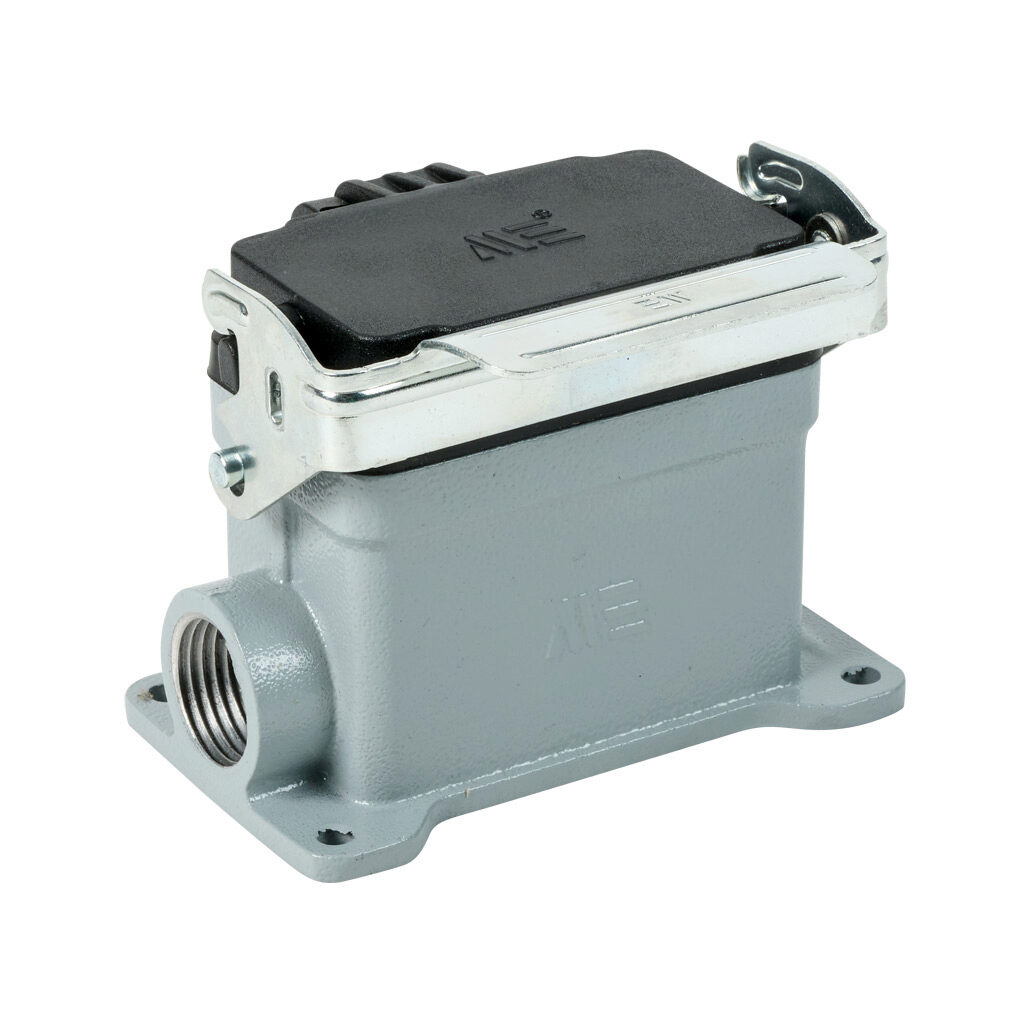 294073005S - METE surface mount housing, single lever, side entry, standard cover, connector housing size 10B, (2) 1/2 NPT threaded hole, gray, heavy-duty die cast aluminum. For use with METE size 10B 2-peg connector housings.