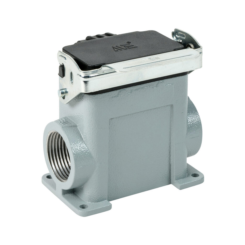 294092805S - METE surface mount housing, single lever, side entry, standard cover, connector housing size 10B, (2) 1 NPT threaded hole, high construction, gray, heavy-duty die cast aluminum. For use with METE size 10B 2-peg connector housings.