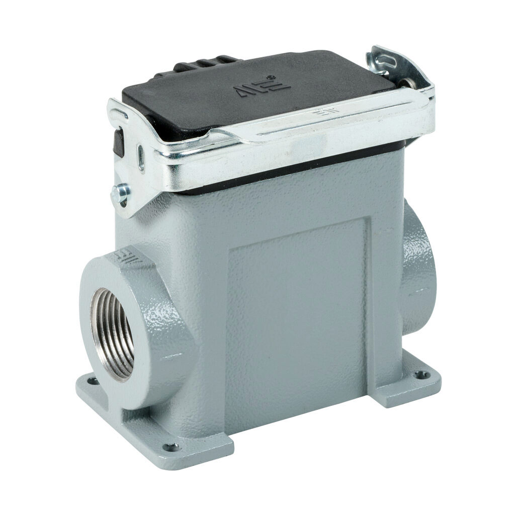 294092905S - METE surface mount housing, single lever, side entry, standard cover, connector housing size 10B, (2) 3/4 NPT threaded hole, high construction, gray, heavy-duty die cast aluminum. For use with METE size 10B 2-peg connector housings.