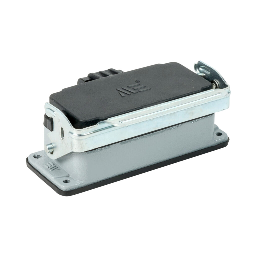 29410S - METE bulkhead housing, single lever, standard cover, connector housing size 16B, gray, heavy-duty die cast aluminum. For use with METE size 16B 2-peg connector housings.