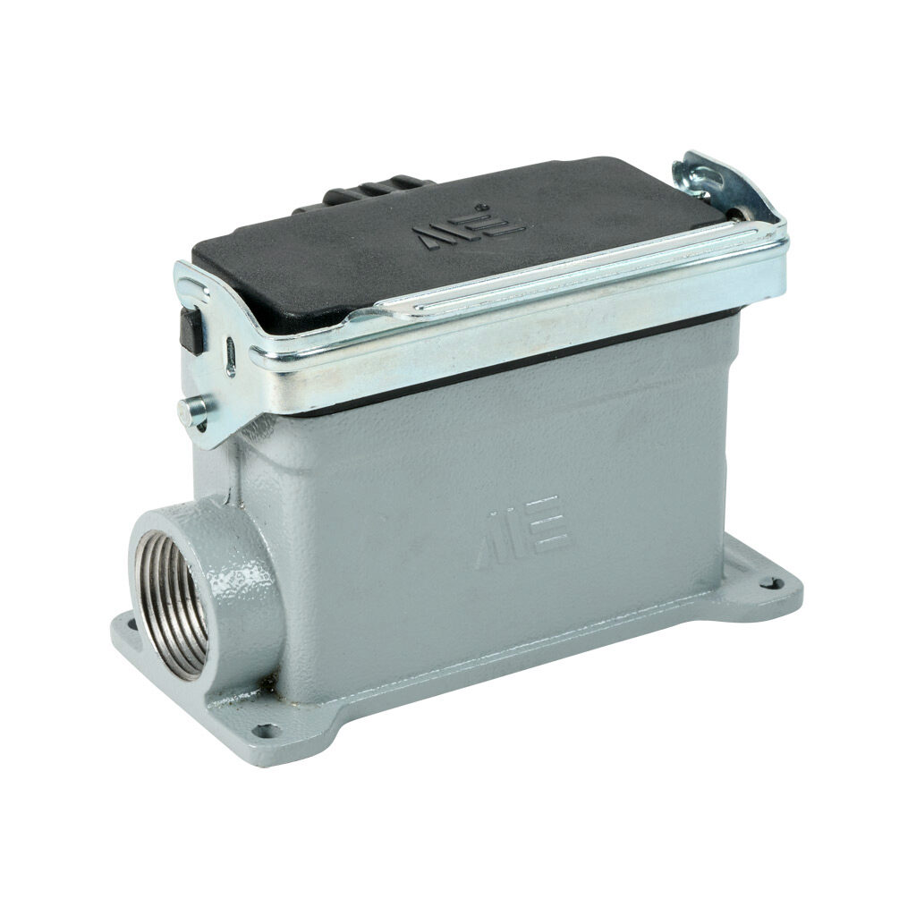 294122905S - METE surface mount housing, single lever, side entry, standard cover, connector housing size 16B, (2) 3/4 NPT threaded hole, gray, heavy-duty die cast aluminum. For use with METE size 16B 2-peg connector housings.
