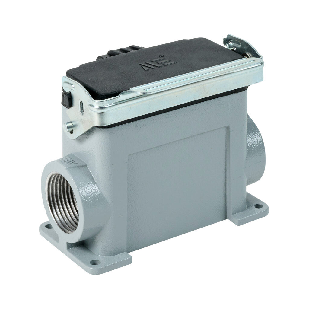 294142805S - METE surface mount housing, single lever, side entry, standard cover, connector housing size 16B, (2) 1 NPT threaded hole, high construction, gray, heavy-duty die cast aluminum. For use with METE size 16B 2-peg connector housings.
