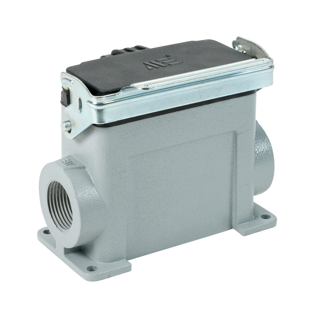 294142905S - METE surface mount housing, single lever, side entry, standard cover, connector housing size 16B, (2) 3/4 NPT threaded hole, high construction, gray, heavy-duty die cast aluminum. For use with METE size 16B 2-peg connector housings.