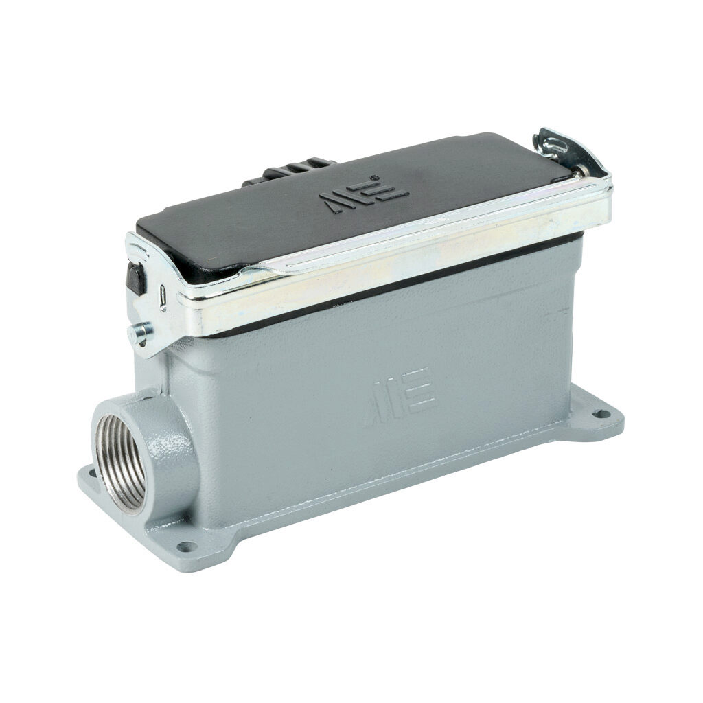 294172905S - METE surface mount housing, single lever, side entry, standard cover, connector housing size 24B, (2) 3/4 NPT threaded hole, gray, heavy-duty die cast aluminum. For use with METE size 24B 2-peg connector housings.