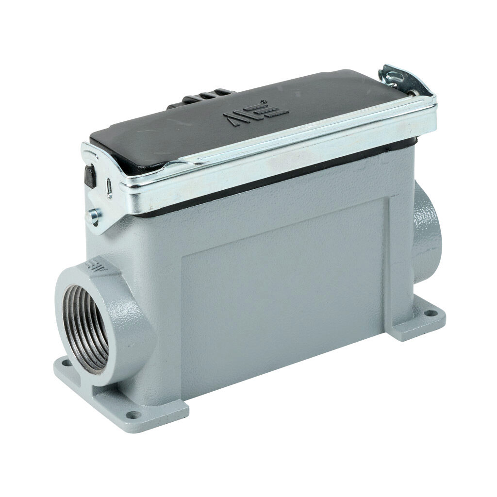 294192805S - METE surface mount housing, single lever, side entry, standard cover, connector housing size 24B, (2) 1 NPT threaded hole, high construction, gray, heavy-duty die cast aluminum. For use with METE size 24B 2-peg connector housings.