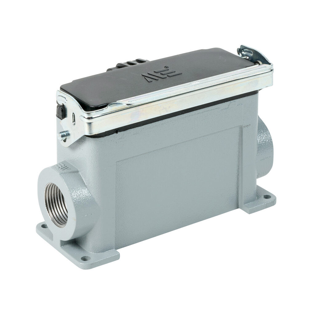 294192905S - METE surface mount housing, single lever, side entry, standard cover, connector housing size 24B, (2) 3/4 NPT threaded hole, high construction, gray, heavy-duty die cast aluminum. For use with METE size 24B 2-peg connector housings.