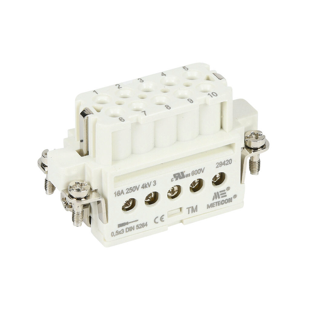 29420 - METE female insert, connector housing size 10A, 10-pole, screw terminals, accepts wire size 18-14 AWG, 16 amp, 600 VAC/VDC, poles numbered 1 to 10. For use with METE multi-wire housings.