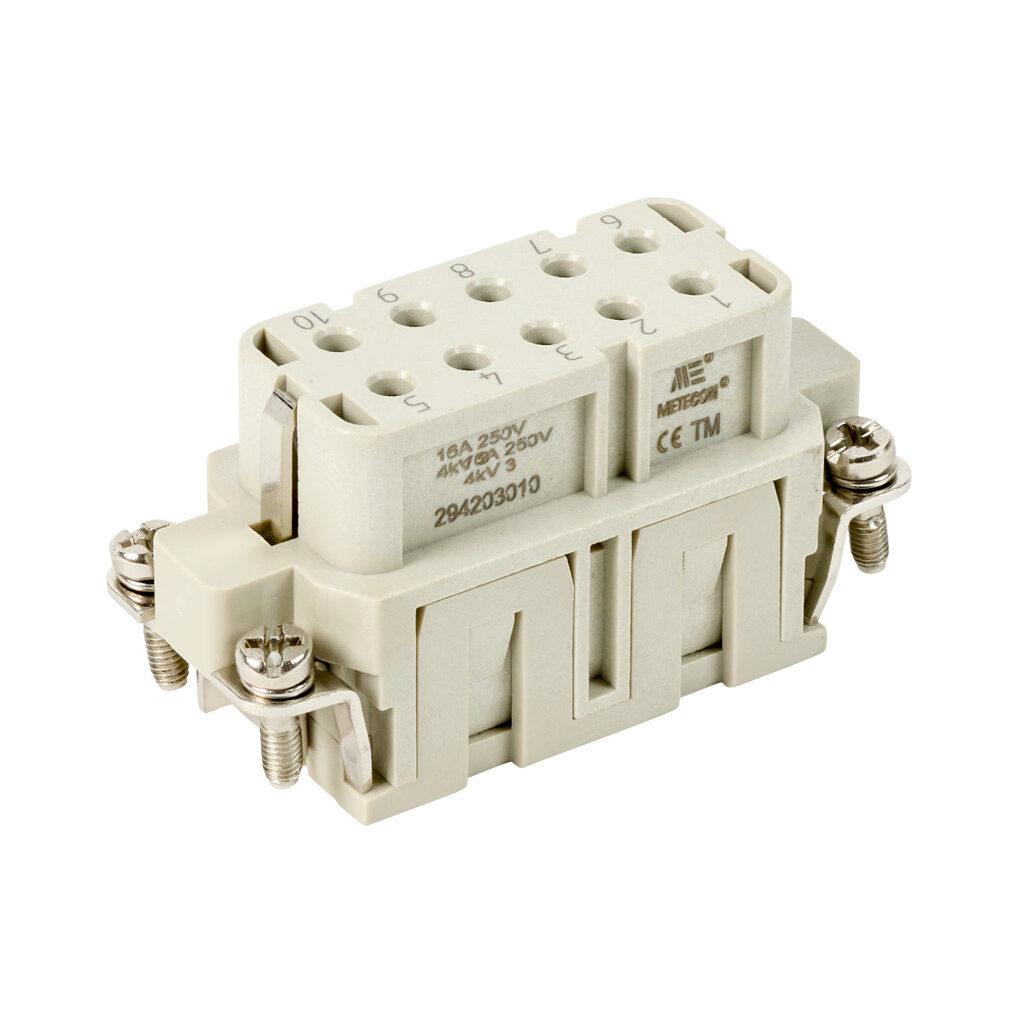 294203010 - METE female insert, connector housing size 10A, 10-pole, crimped contact, 16 amp, 600 VAC/VDC, poles numbered 1 to 10. For use with METE multi-wire housings. Requires 16 amp female contacts METE 14105xxx.
