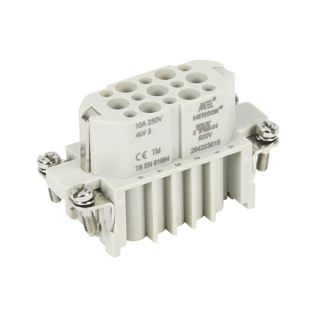 294203015 - METE female insert, connector housing size 10A, 15-pole, crimped contact, 10 amp, 600 VAC/VDC, poles numbered 1 to 15. For use with METE multi-wire housings. Requires 10 amp female contacts METE 14103xxx.