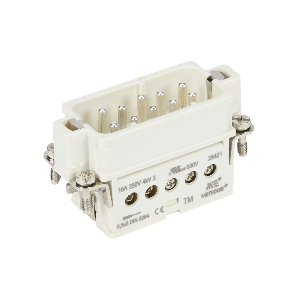 29421 - METE male insert, connector housing size 10A, 10-pole, screw terminals, accepts wire size 18-14 AWG, 16 amp, 600 VAC/VDC, poles numbered 1 to 10. For use with METE multi-wire housings.