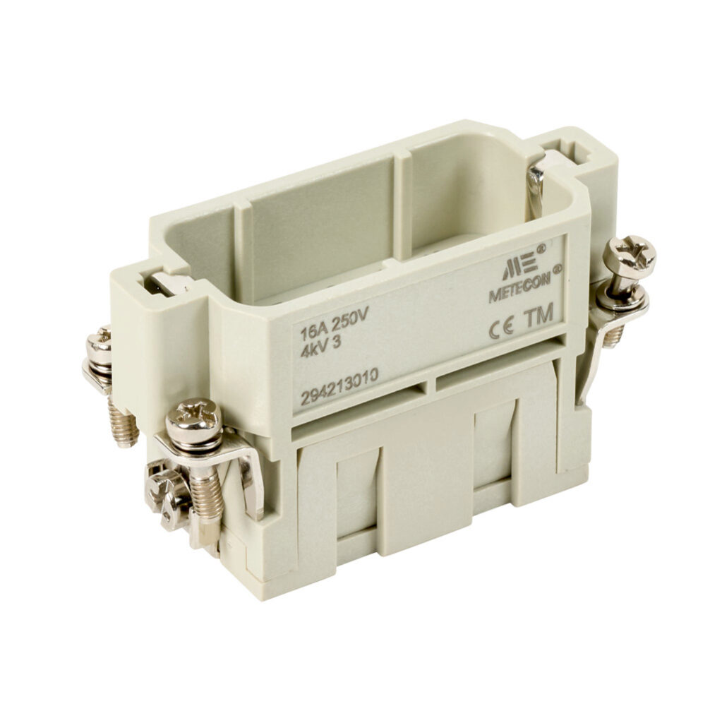 294213010 - METE male insert, connector housing size 10A, 10-pole, crimped contact, 16 amp, 600 VAC/VDC, poles numbered 1 to 10. For use with METE multi-wire housings. Requires 16 amp male contacts METE 14106xxx.