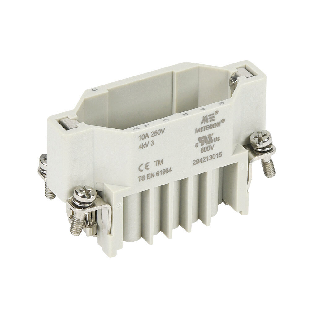 294213015 - METE male insert, connector housing size 10A, 15-pole, crimped contact, 10 amp, 600 VAC/VDC, poles numbered 1 to 15. For use with METE multi-wire housings. Requires 10 amp male contacts METE 14104xxx.