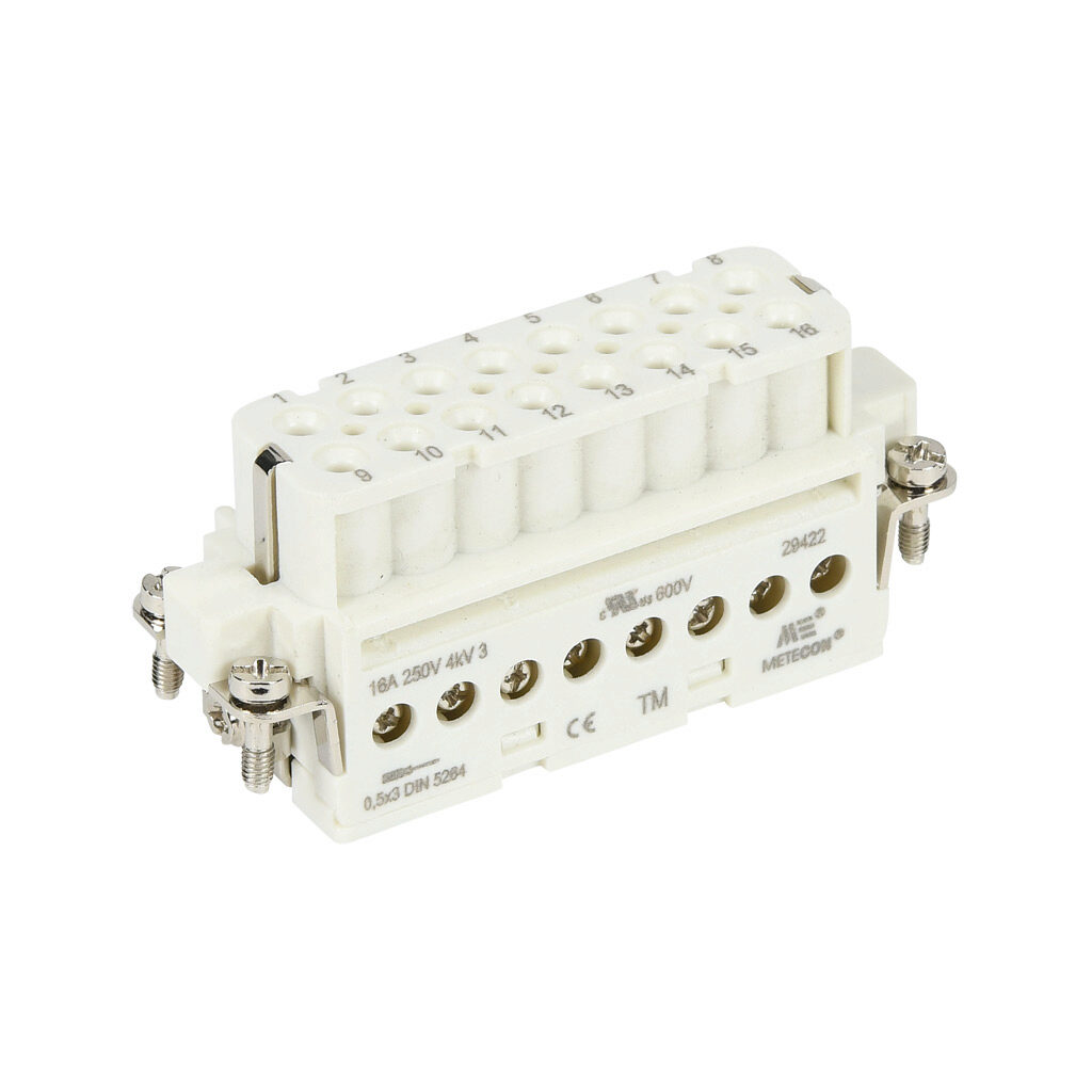 29422 - METE female insert, connector housing size 16A, 16-pole, screw terminals, accepts wire size 18-14 AWG, 16 amp, 600 VAC/VDC, poles numbered 1 to 16. For use with METE multi-wire housings.