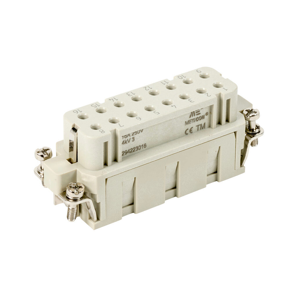 294223016 - METE female insert, connector housing size 16A, 16-pole, crimped contact, 16 amp, 600 VAC/VDC, poles numbered 1 to 16. For use with METE multi-wire housings. Requires 16 amp female contacts METE 14105xxx.