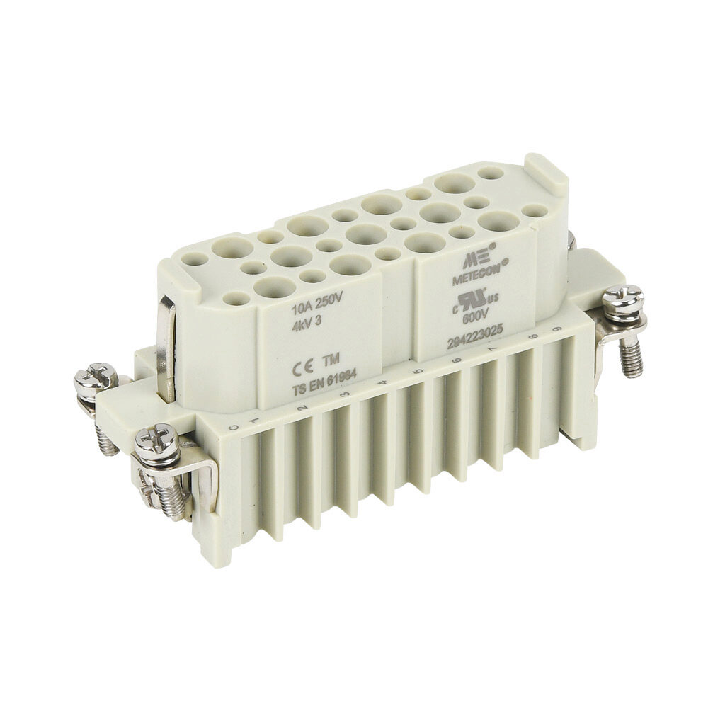 294223025 - METE female insert, connector housing size 16A, 25-pole, crimped contact, 10 amp, 600 VAC/VDC, poles numbered 1 to 25. For use with METE multi-wire housings. Requires 10 amp female contacts METE 14103xxx.
