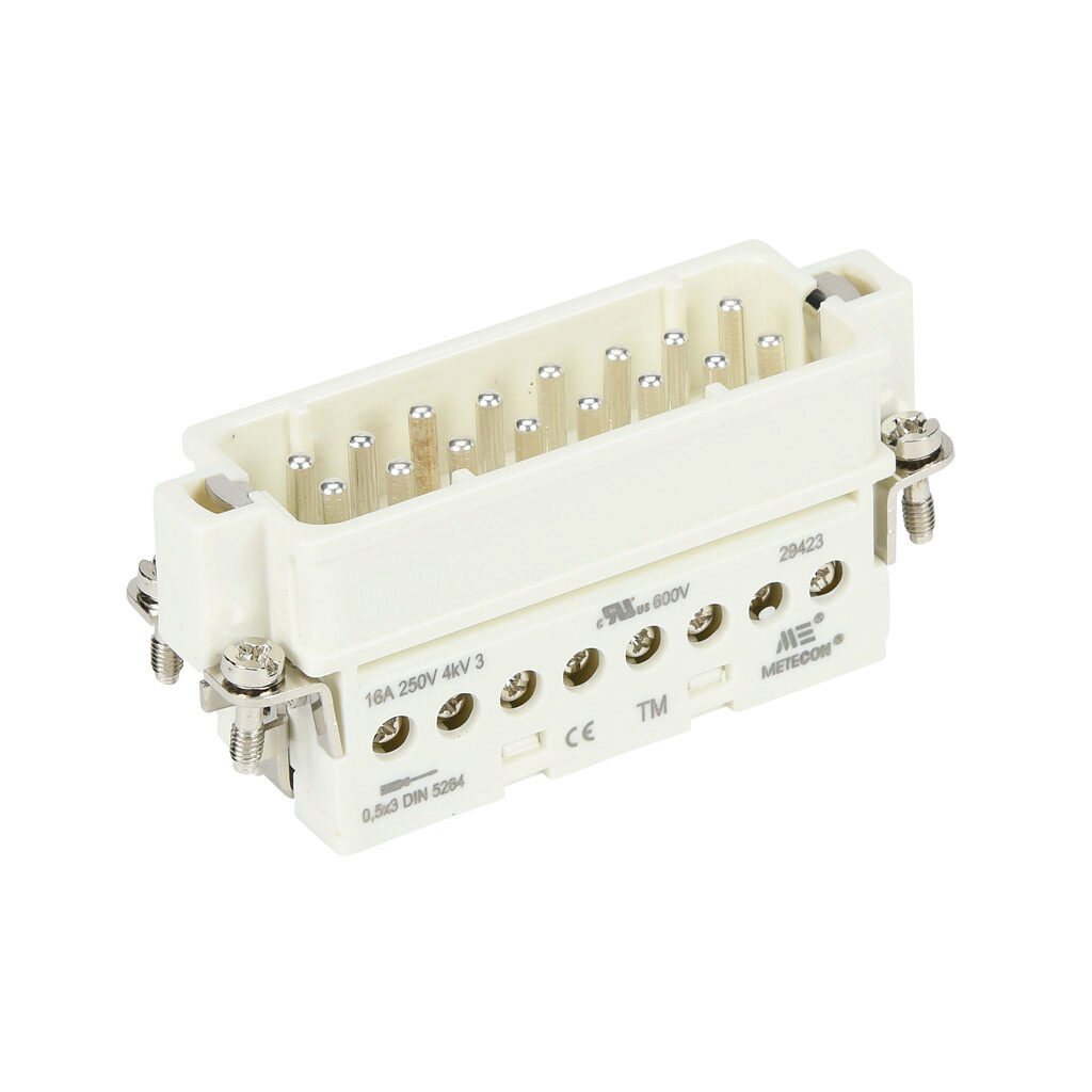29423 - METE male insert, connector housing size 16A, 16-pole, screw terminals, accepts wire size 18-14 AWG, 16 amp, 600 VAC/VDC, poles numbered 1 to 16. For use with METE multi-wire housings.