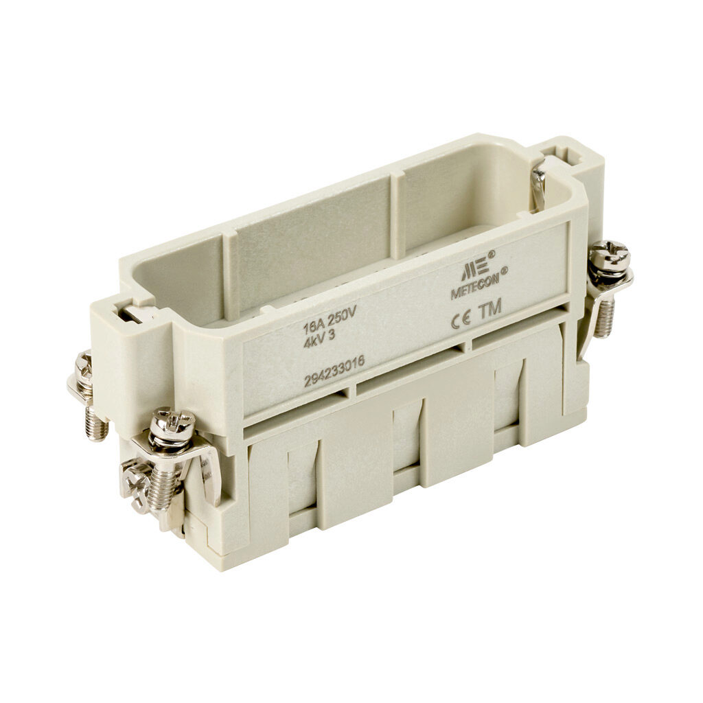 294233016 - METE male insert, connector housing size 16A, 16-pole, crimped contact, 16 amp, 600 VAC/VDC, poles numbered 1 to 16. For use with METE multi-wire housings. Requires 16 amp male contacts METE 14106xxx.