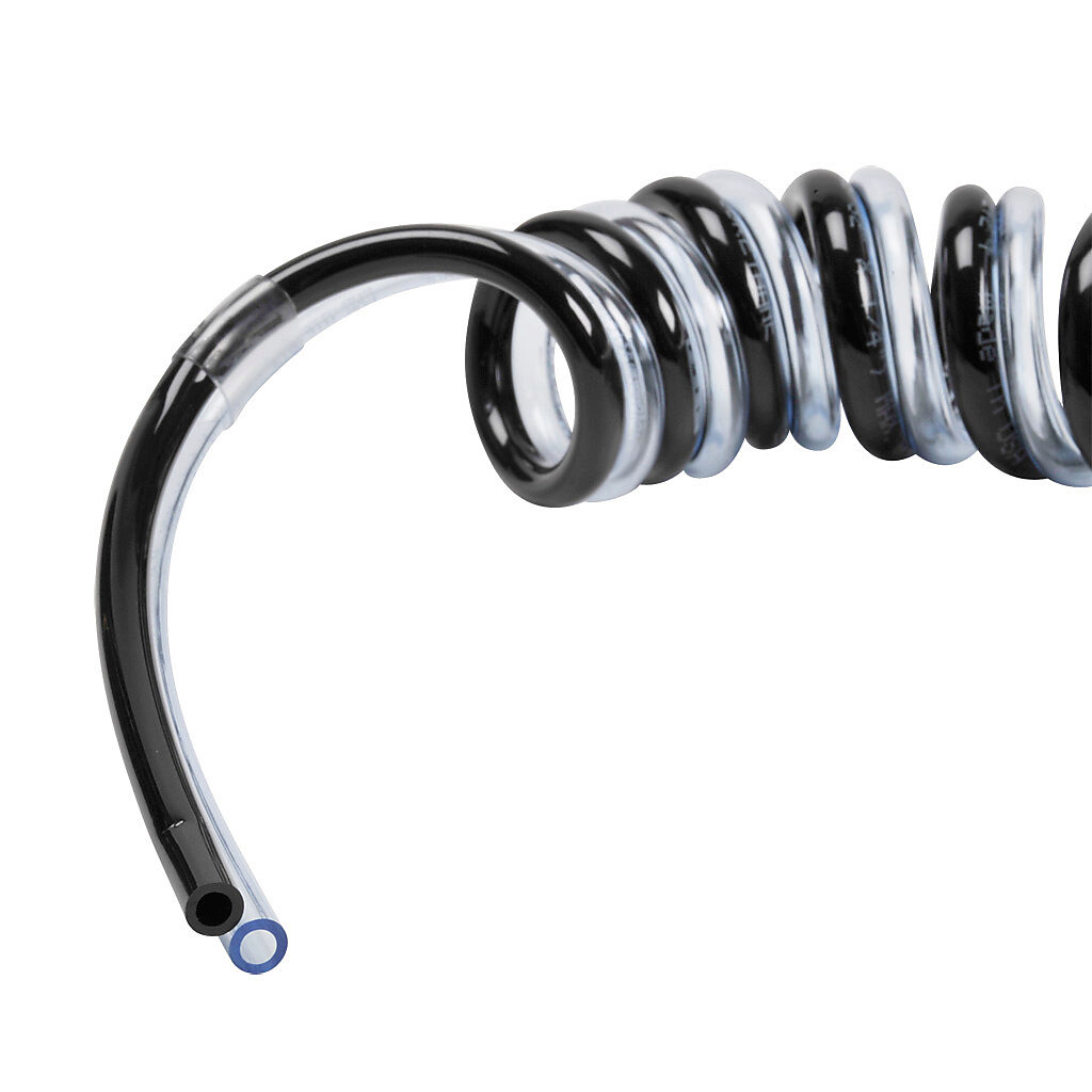 2PU06MC10 - NITRA pneumatic bonded coiled tubing, ether-based polyurethane, black and clear blue, double 6mm outside diameter, 5/32in (4mm) inside diameter, 10 coils, 2.8ft working length.